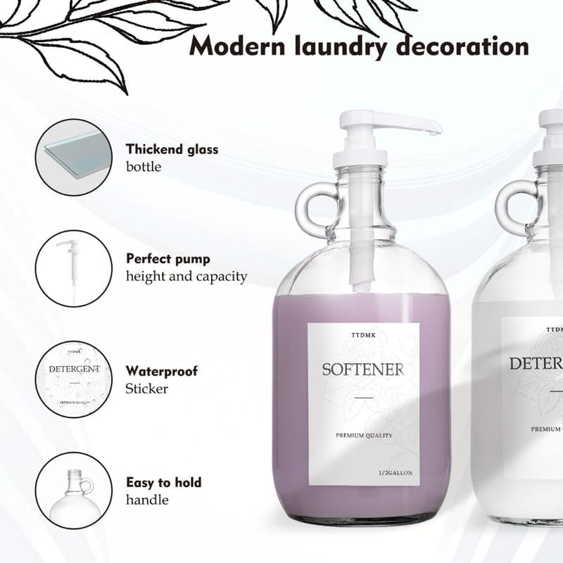 TTDMK 2 Pcs Glass Liquid Laundry Detergent Dispenser - One Gallon Fabric Softener Liquid Dispenser for Laundry Room (128 oz Each), Laundry Soap Dispenser - Includes Labels, Funnel, and Measuring Cups - Image 4